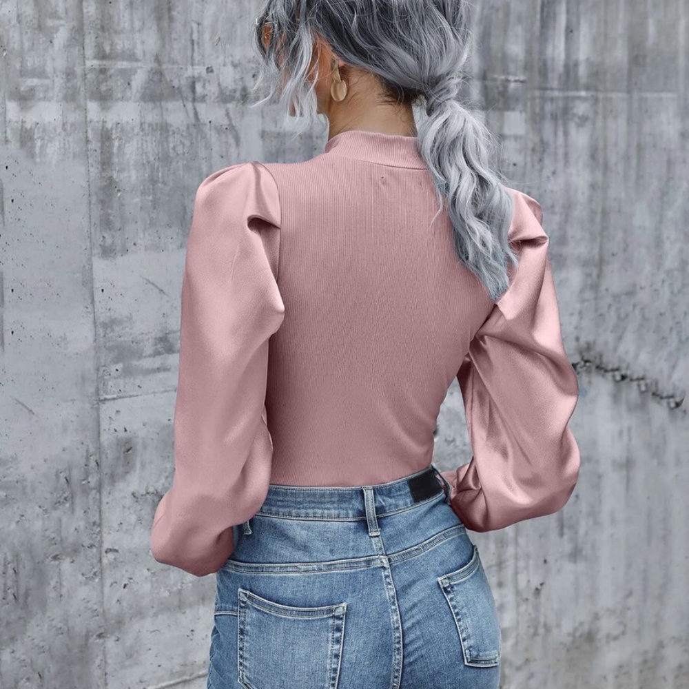 Boho Baby Blue Ribbed long sleeve puff top Satin Minimalist - Picture 9 of 13